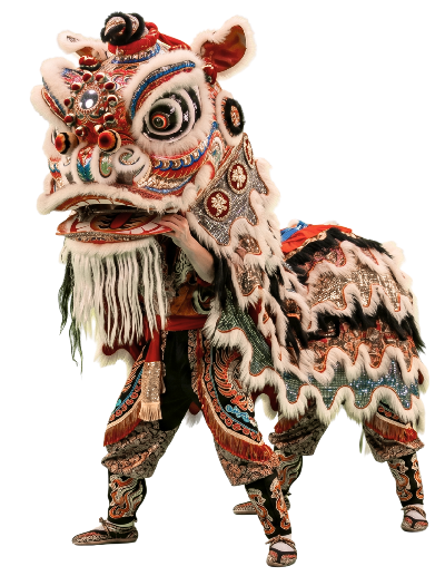 Un león de la danza del león, en tonos verdes, rojos y dorados.